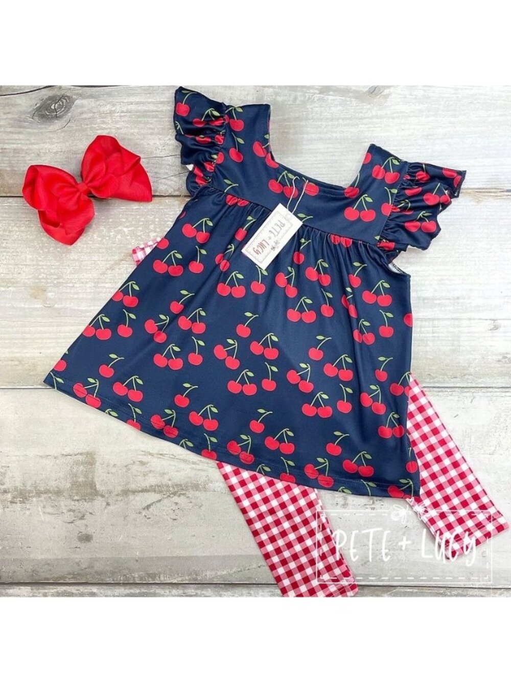 Pete + Lucy Girls Pants Set 4T Cherry Pie Cutie Blue Red Cap Sleeve New